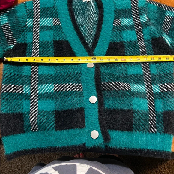 Umgee Plaid Herringbone Preppy Quirky Fuzzy Y2K Snap Button Cardigan Sweater Lg - Picture 11 of 12